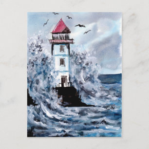 Carte Postale Aquarelle phare et tempête