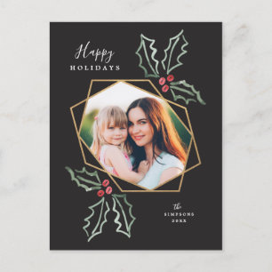 Carte Postale Aquarelle photo géométrique or Holly Noël