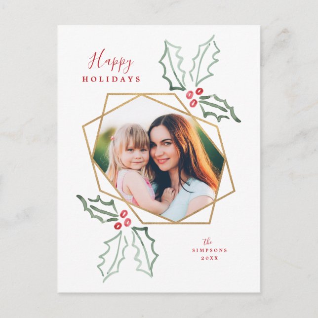 Carte Postale Aquarelle photo géométrique or Holly Noël (Devant)