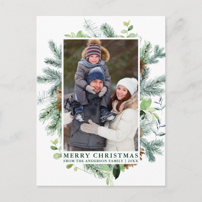 Carte Postale Aquarelle Pine Fragrance Famille Noël Vert (Devant)