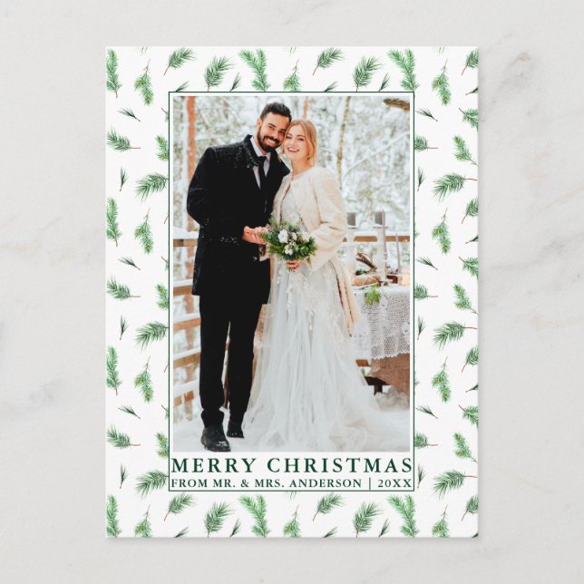 Carte Postale Aquarelle Pine vert Noël nouvellement marié (Devant)