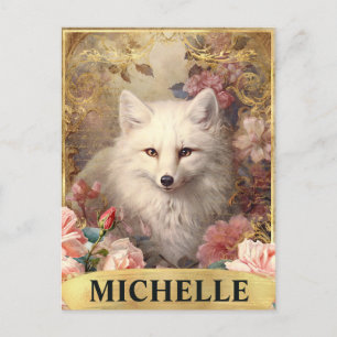Carte Postale Aquarelle Renard Blanc Vintage et Roses Roses