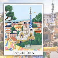 Aquarelle rétro Barcelone Espagne Voyage