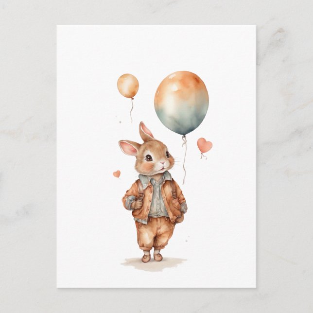 Carte Postale Aquarelle rétro Petit garçon lapin avec ballons  (Devant)