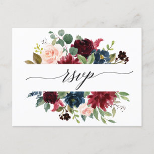 Carte Postale Aquarelle romantique Bourgogne Rouge Blush Floral 