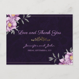 Carte Postale Aquarelle romantique violet Peony Mariage Merci