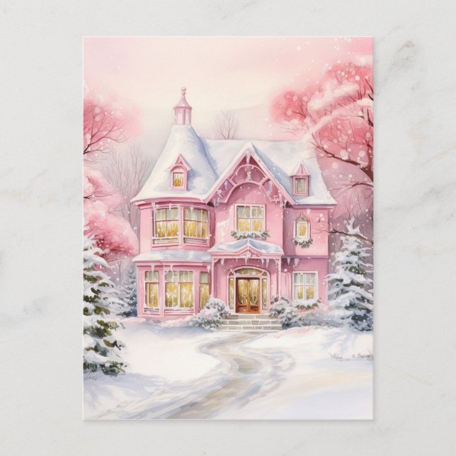 Carte Postale Aquarelle rose Arrière - plan de Noël (Devant)
