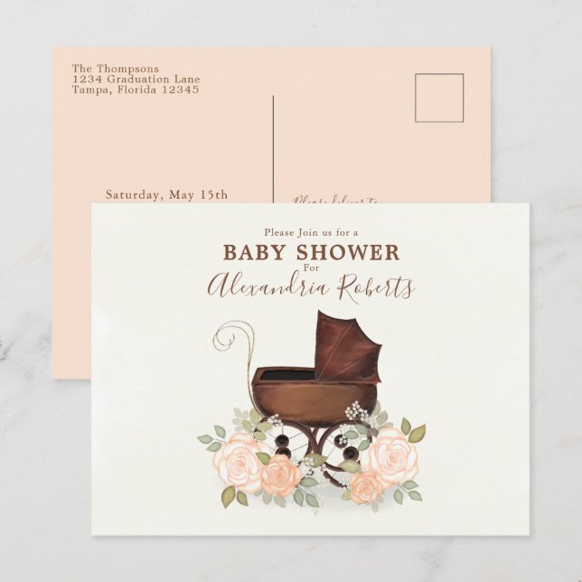 Carte Postale Aquarelle rose baby shower Élégant buggy florale (Devant / Derrière)