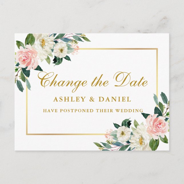 Carte Postale Aquarelle Rose Blanc Floral Or Changer La Date (Devant)