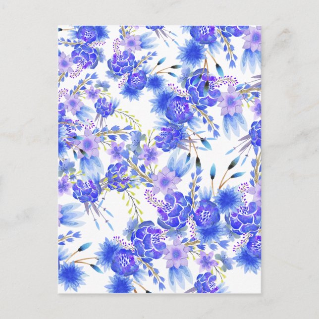 Carte Postale Aquarelle rose bleu élégant fleurs motif (Devant)