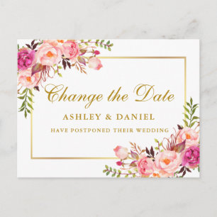 Carte Postale Aquarelle Rose Blush Or Floral Changer La Date