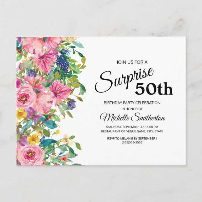 Carte Postale Aquarelle rose botanique bleu floral 50e anniversa (Devant)