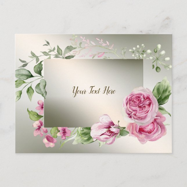 Carte Postale Aquarelle rose cadre floral brillant Bronze élégan (Devant)