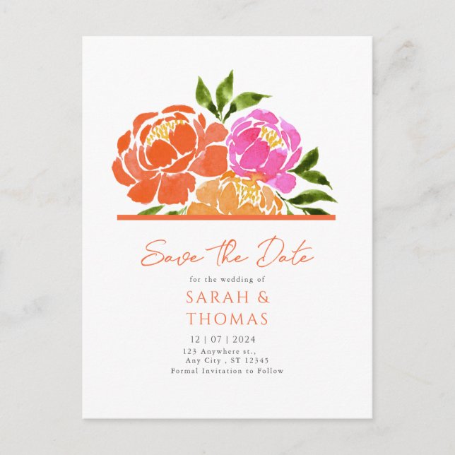 Carte Postale Aquarelle Rose Chaud Orange Floral Enregistrer La  (Devant)