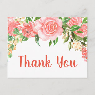 Carte Postale Aquarelle rose corail Roses Merci
