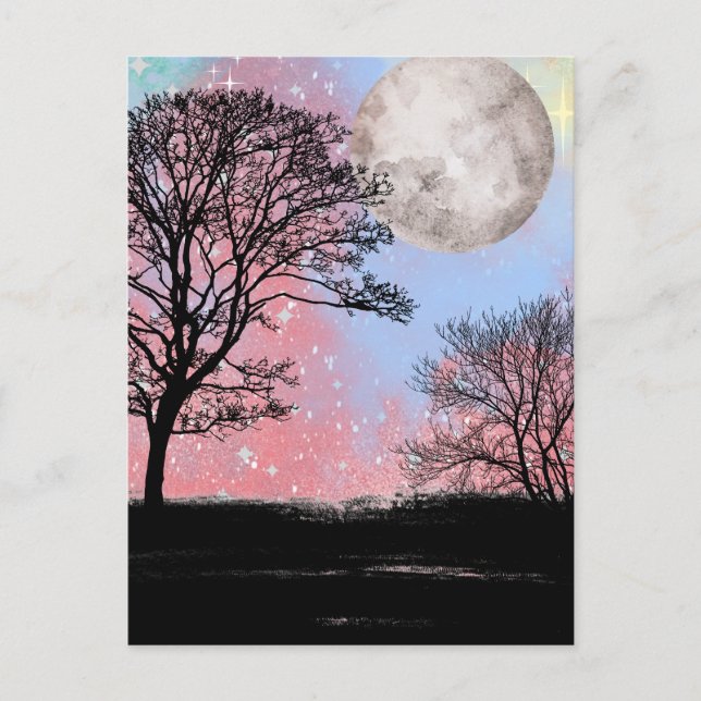 Carte Postale Aquarelle Rose Et Bleu Ciel Arbres Et Lune (Devant)
