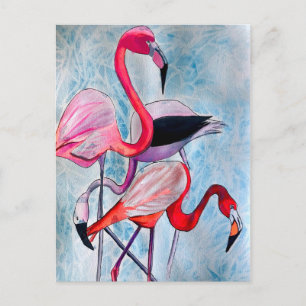 Carte Postale Aquarelle rose flamand coloré