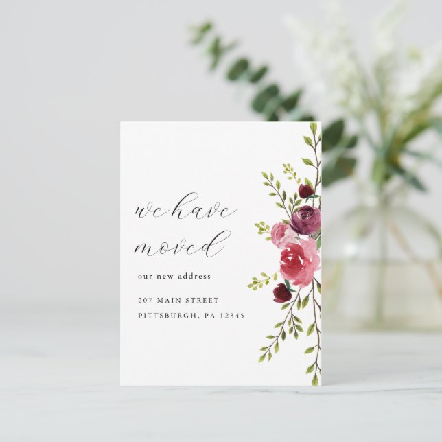 Carte Postale Aquarelle rose Floral Changement d'adresse Déplace (Debout devant)