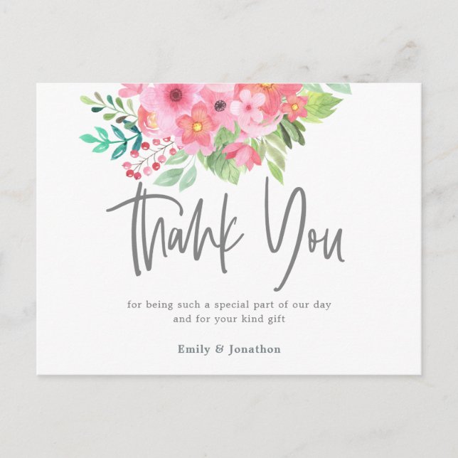 Carte Postale Aquarelle rose Flores feuille Merci calligraphie (Devant)
