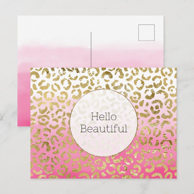 Carte Postale Aquarelle rose léopard d'or (Devant / Derrière)