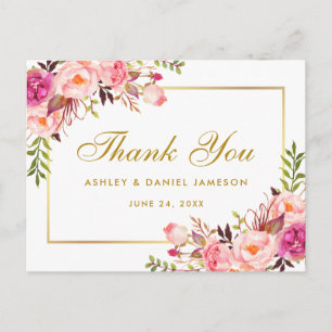 Carte Postale Aquarelle rose Mariage  or Merci