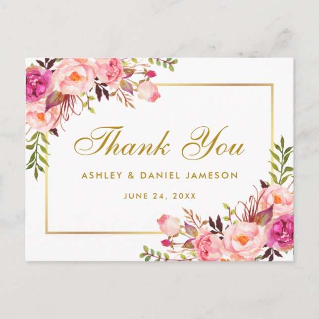 Carte Postale Aquarelle rose Mariage  or Merci (Devant)