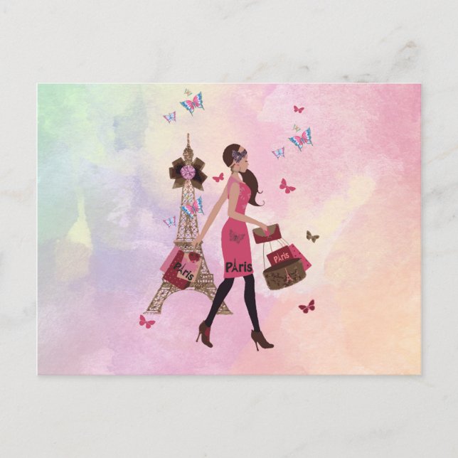 Carte Postale Aquarelle rose mignonne Girl Paris Tour Eiffel (Devant)