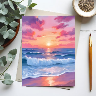 Carte Postale Aquarelle rose Ocean Waves Sunset