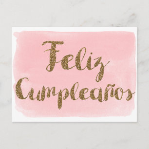 Carte Postale Aquarelle rose pailletée or Feliz Cumpleanos