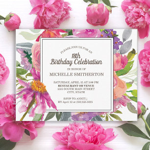 Carte Postale Aquarelle rose pourpre Floral 18e fête d'anniversa