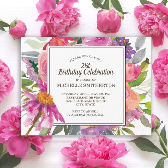 Carte Postale Aquarelle rose pourpre Floral 21e fête d'anniversa (Purple and pink watercolor wildflowers 21st birthday party postcard invitation)