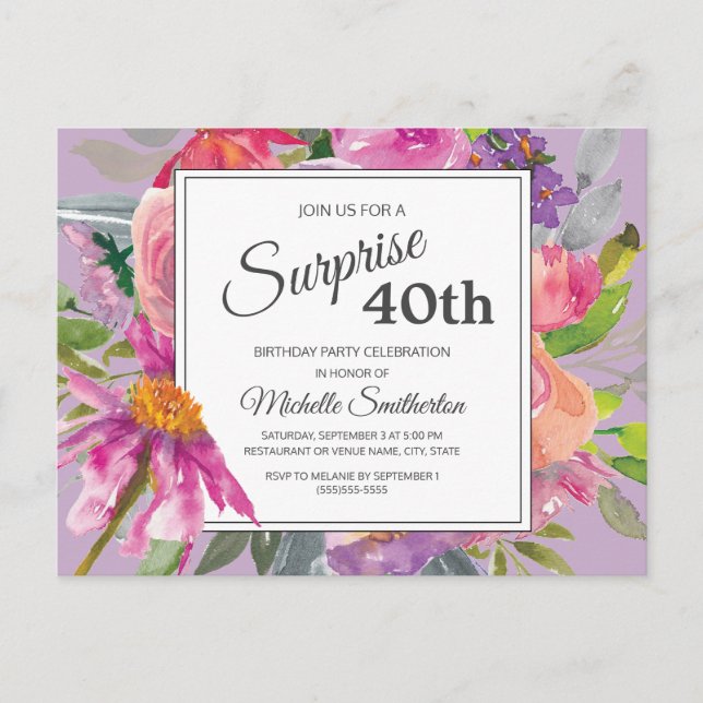 Carte Postale Aquarelle rose pourpre Floral 40e anniversaire (Devant)