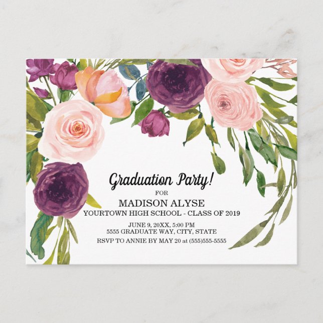 Carte Postale Aquarelle rose pourpre Floral Blanc Graduation (Devant)