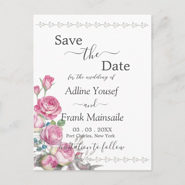 Carte Postale Aquarelle rose rose Enregistrer la date (Devant)