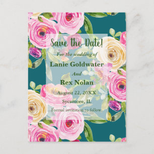 Carte Postale Aquarelle Rose rose sur Turquoise Enregistrer la d