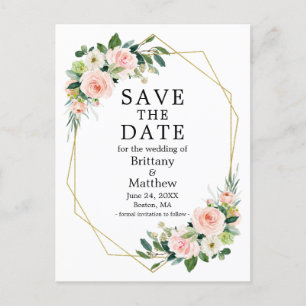 Carte Postale Aquarelle rose Roses Geo Cadre Enregistrer La Date