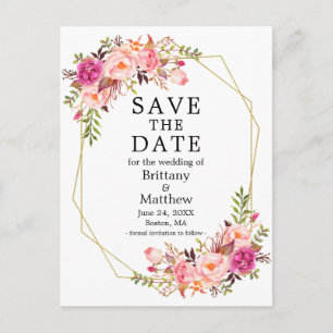 Carte Postale Aquarelle rose Roses Geo Cadre Enregistrer La Date