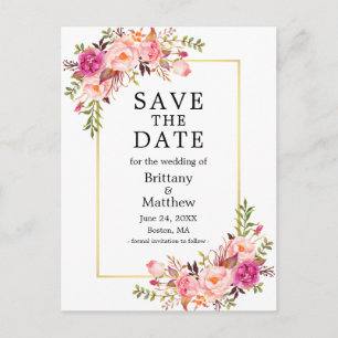 Carte Postale Aquarelle Rose Roses Or Cadre Enregistrer La Date