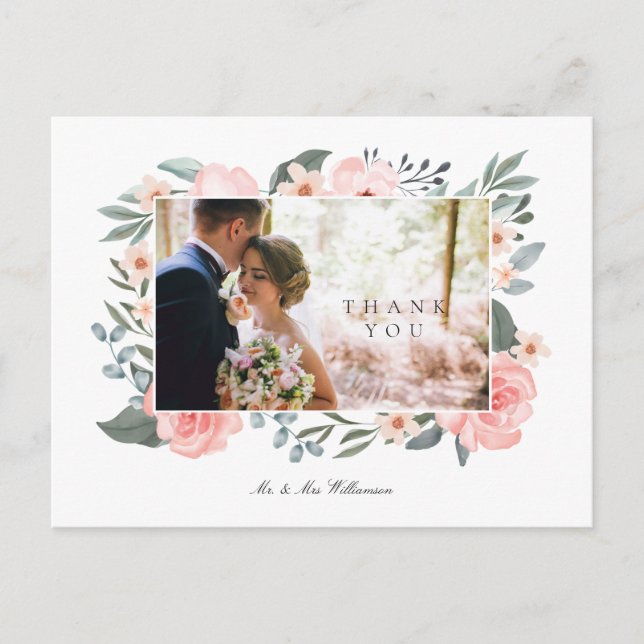 Carte Postale Aquarelle Rose & Sage Mariage Merci de verdure (Devant)
