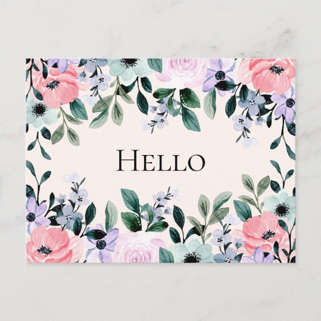 Carte Postale Aquarelle rose violet et vert Floral Bonjour (Devant)