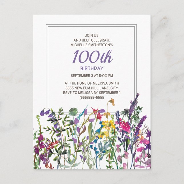 Carte Postale Aquarelle rose violet Fleurs sauvages 100e anniver (Devant)