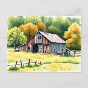 Carte Postale Aquarelle rustique de la grange entourée de champs