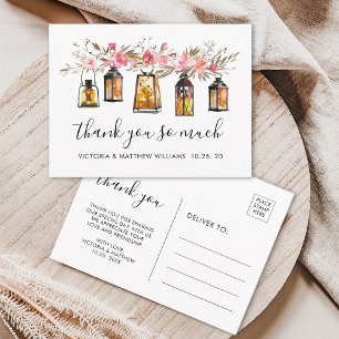 Carte Postale Aquarelle rustique Floral Lanterne Mariage Merci