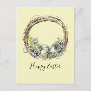 Carte Postale Aquarelle Rustique Grapevine & Nid d'Oeufs Pâques