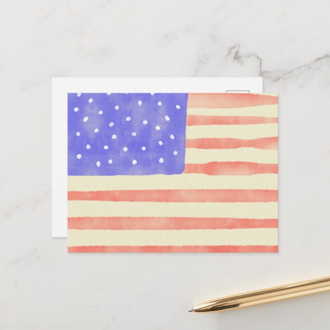 Carte Postale Aquarelle rustique USA drapeau américain (Devant/Arrière en situation)