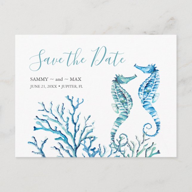 Carte postale aquarelle seahorse bleu "Sauver la d (Devant)