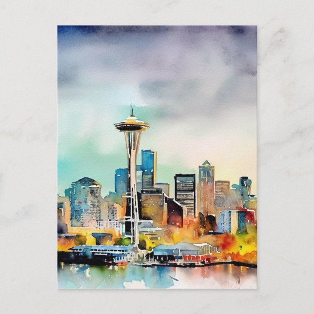 Carte Postale Aquarelle Seattle Washington City Skyline (Devant)