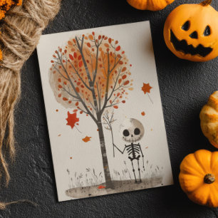 Carte Postale Aquarelle Skeleton avec Fall Tree Cute Halloween