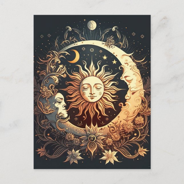 Carte Postale Aquarelle Soleil et Lune Céleste (Devant)