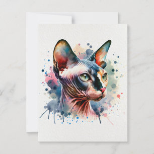 Carte Postale Aquarelle Sphynx Chat Portrait Artistique